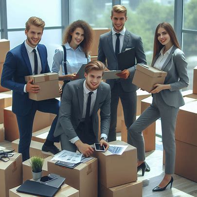 business team unpacking boxes in new office