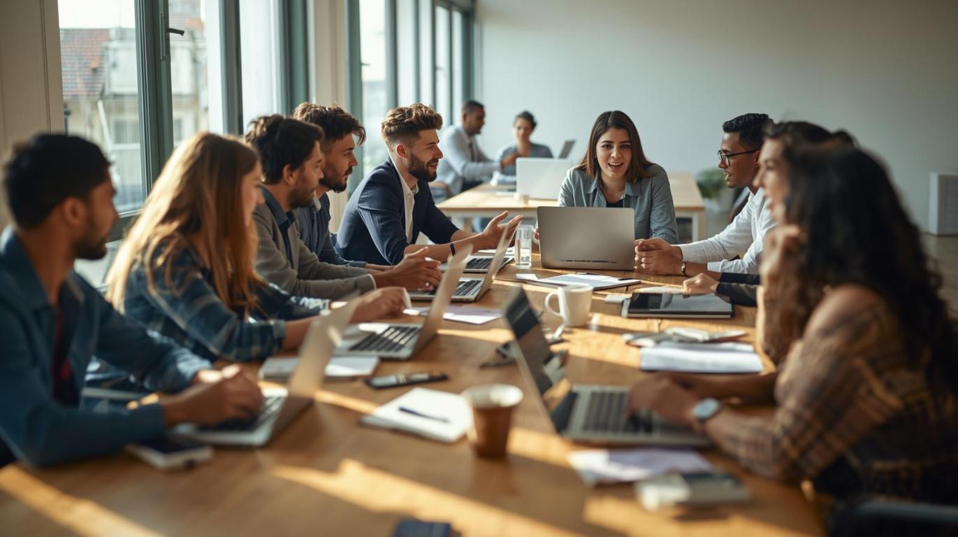 Young professionals debate digital learning access in bright coworking space with laptops.